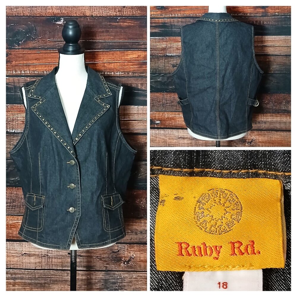 Ruby Rd Jean Vest Plus Size 18 Studded Denim Cropped Button Front Dark Wash